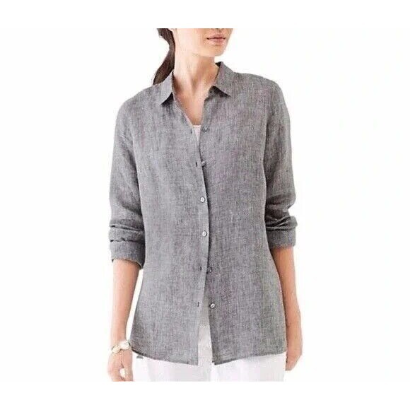 J. Jill Tops - J. Jill Love Linen Essential Shirt Size L Petite Gray 100% Linen Button Front